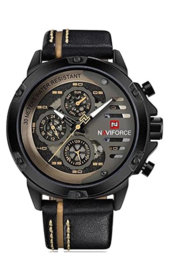 Naviforce 9110 B-Y-BN Leather Round Analog Watch for Men - Black